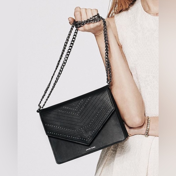 Anine Bing Handbags - Anine Bing Studded Leather Flap Shoulder Bag Black Silver Chain
